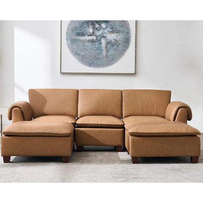 Modern Cloud Couch with Ottoman, 85 Inch Modular Sectional Sofa 3 Seat U Shaped with Waterfall Armrest Cushion Bac