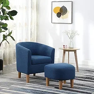 Leather Chair, Accent Chair Mid Century Modern with Ottoman Faux Barrel Comfy Armchair Upholstered Club Tub Round Arms for Livin