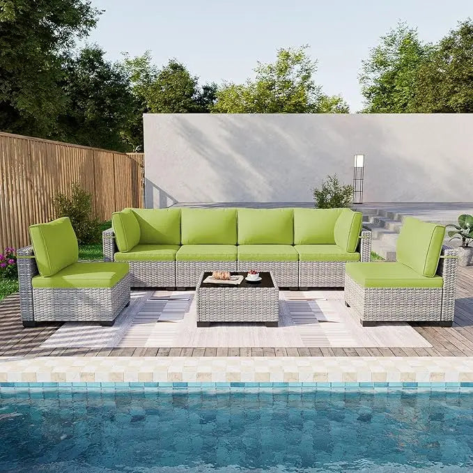 7 Piece Garden Furniture Set, Outdoor with Thick Cushions, Modular Rattan Garden Sofa, Anti-Rust Frame, Garden Furniture Set