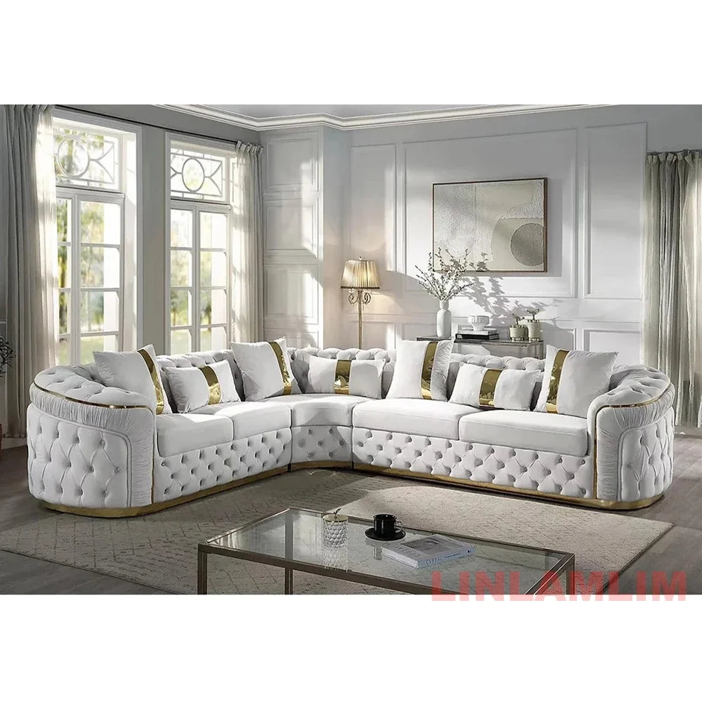 A Luxury Chesterfield Sectional Sofa Set With Cloth Buttons And Fabric Modular Couch With Gold Stainless Steel Base, 3-seater So