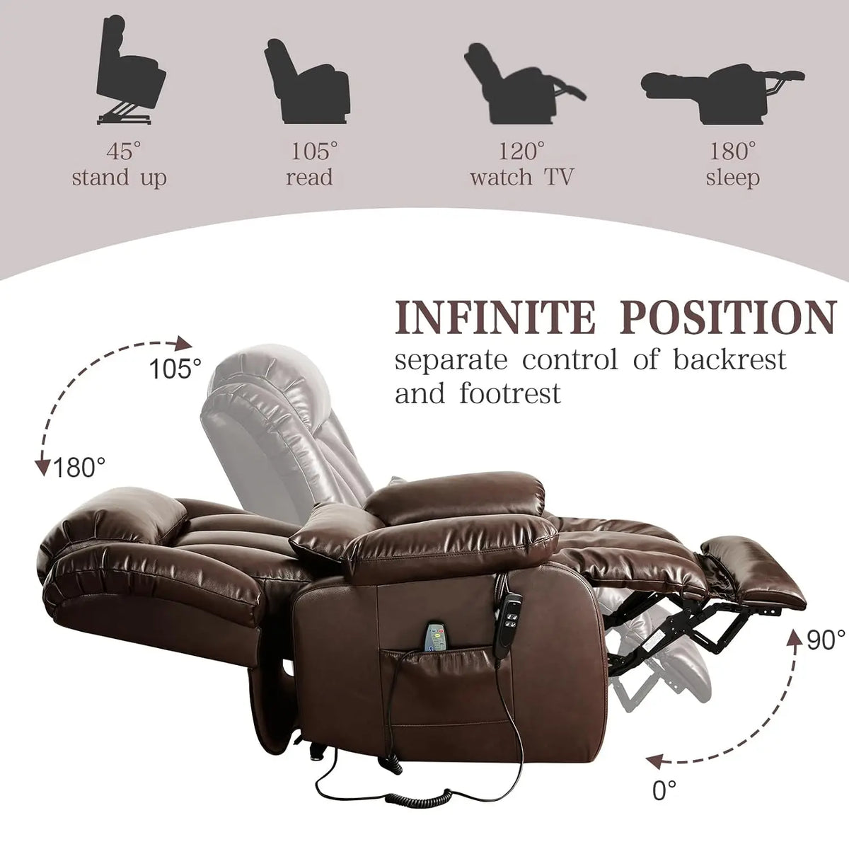 Infinite Position Lay Flat Power Lift Recliner Chair for Elderly, Brown, Customized