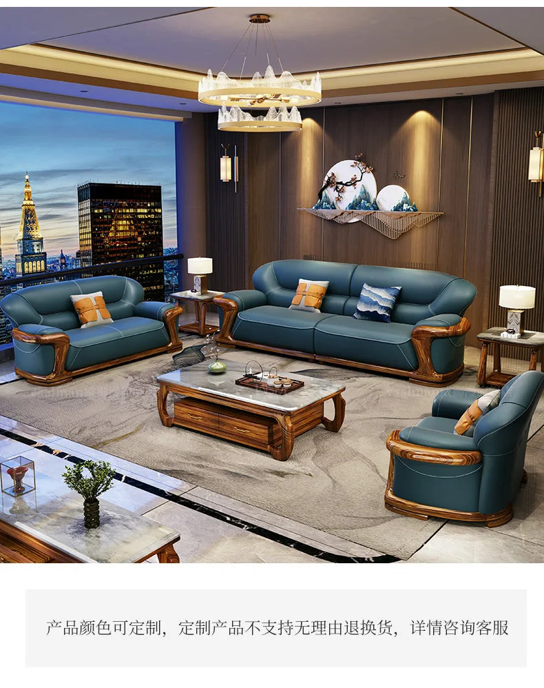TQQ new Chinese ebony sofa villa large flat solid wood sofa high-end living room furniture leather sofa