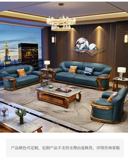 TQQ new Chinese ebony sofa villa large flat solid wood sofa high-end living room furniture leather sofa