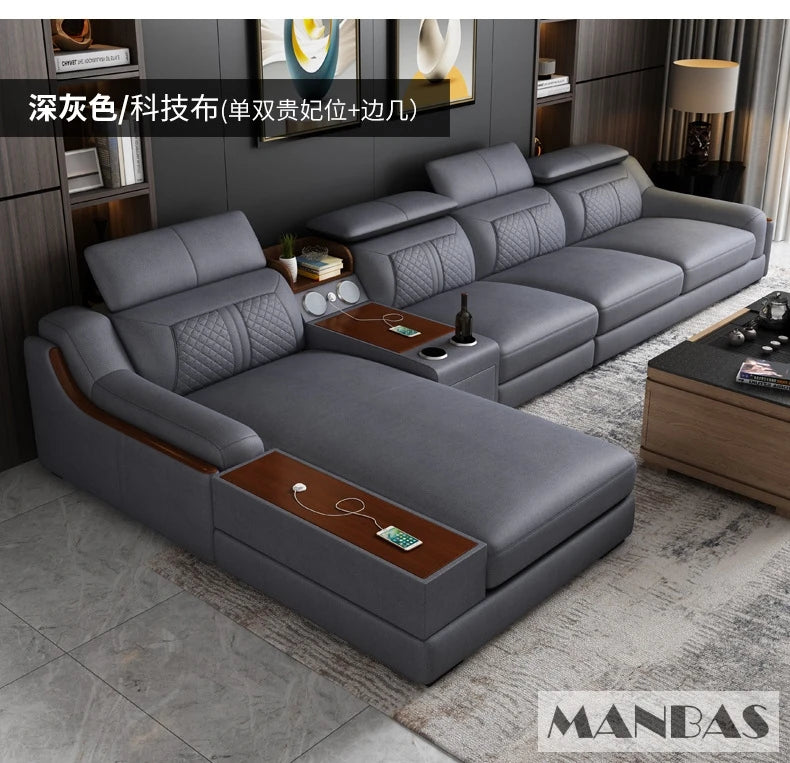 Stylish Italian Genuine Leather Sofa for Living Room with Cup Holder, USB, Adjustable Headrests & Bluetooth Speaker - Linlamlim