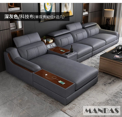 Stylish Italian Genuine Leather Sofa for Living Room with Cup Holder, USB, Adjustable Headrests & Bluetooth Speaker - Linlamlim
