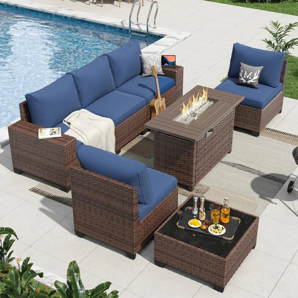 7-Piece Outdoor Patio Furniture Set with 44 Fire Pit Table and Wicker Rattan Sectional Conversation Area