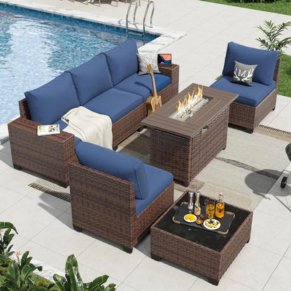 7-Piece Outdoor Patio Furniture Set with 44 Fire Pit Table and Wicker Rattan Sectional Conversation Area