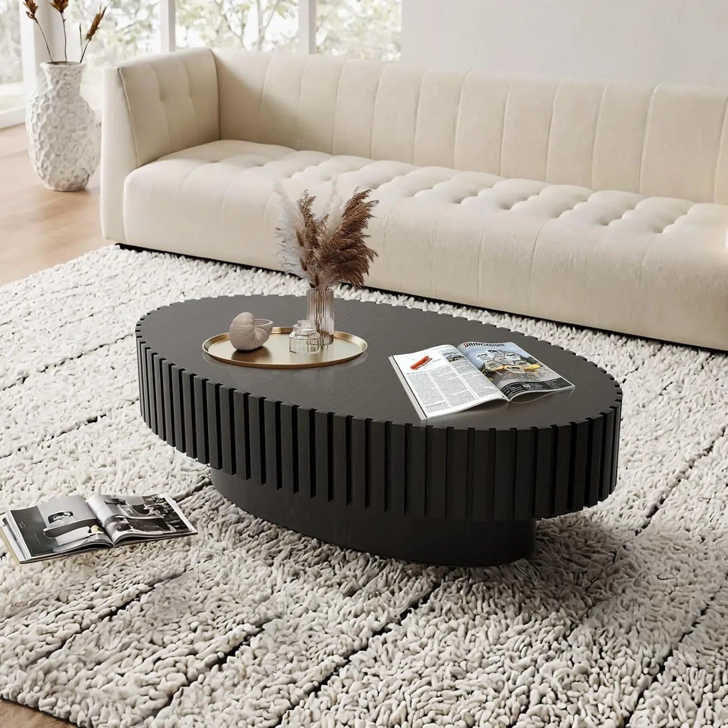 Round Coffee Table, Handcrafted Fluted Drum Coffee Tables Modern Wood Coffee Table Circle Drum Center Table For Living Room