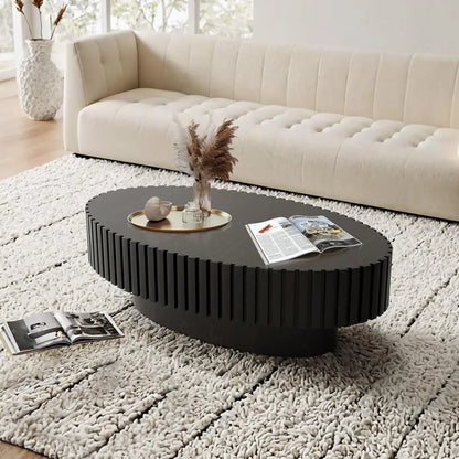 Round Coffee Table, Handcrafted Fluted Drum Coffee Tables Modern Wood Coffee Table Circle Drum Center Table For Living Room