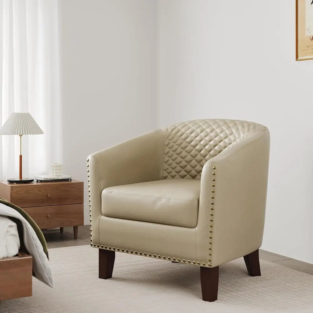 Faux Leather Accent Barrel Chair with Nailed Trim, Comfortable Club Chair for Living Spaces (Beige, 1 Set)