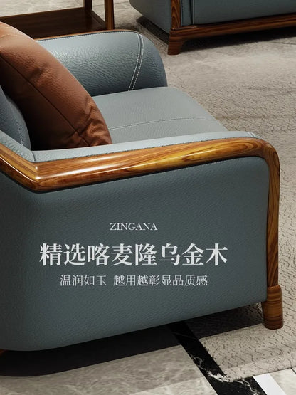 solid wood sofa leather first layer cowhide thick leather new Chinese style living room size apartment sofa combination set
