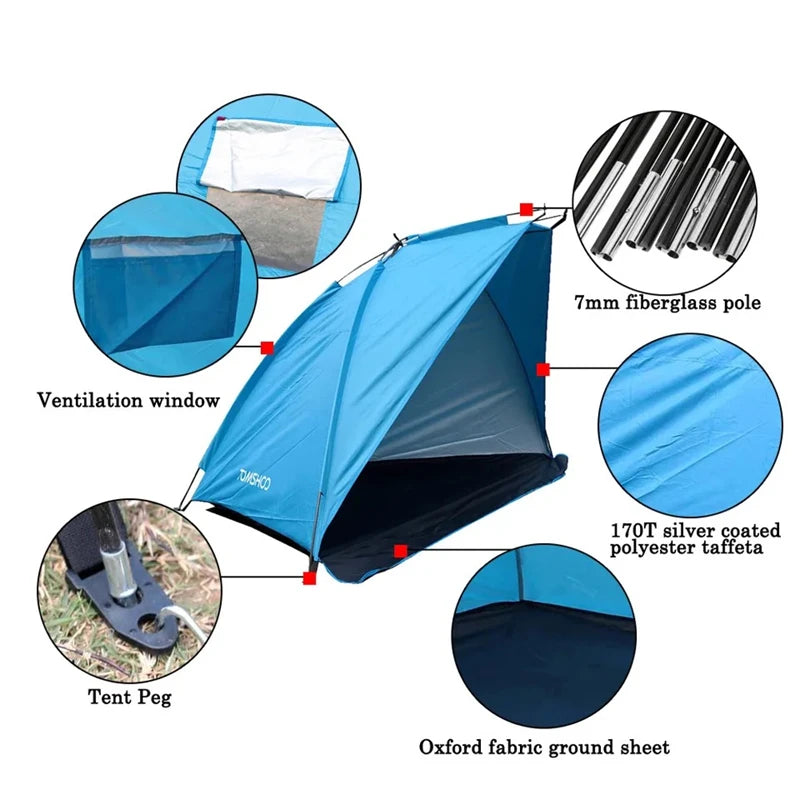 Ultralight 2 Person Beach Tent, Automatic Pop Up Sun Shelter with Carrying Bag, Portable Anti-UV Fishing Camping Tent for Travel
