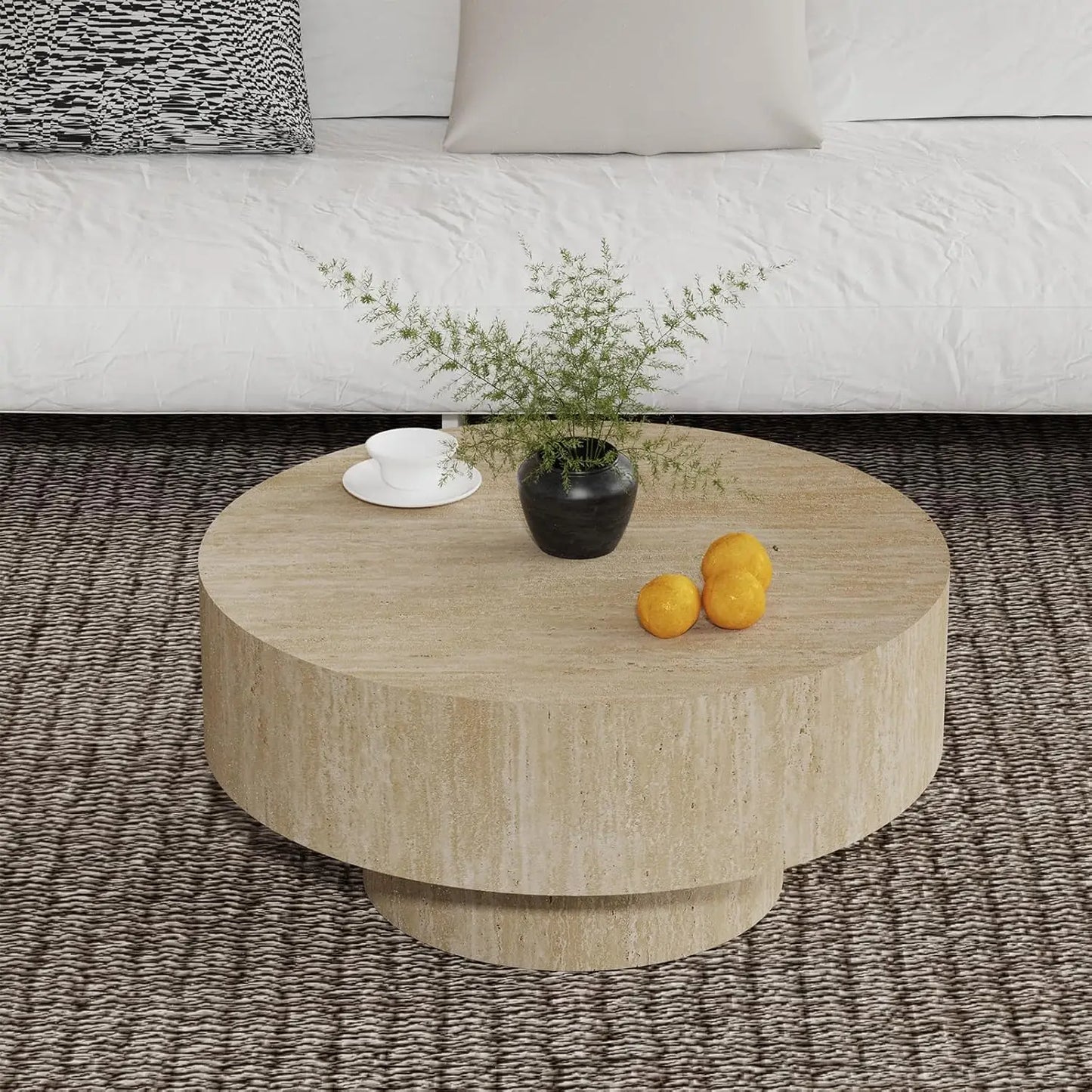 Round Coffee Table, Handcrafted Fluted Drum Coffee Tables Modern Wood Coffee Table Circle Drum Center Table For Living Room