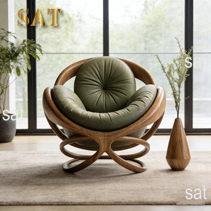 klModern Design Solid Wood Circular Leisure Chair Leather Cushion Cross Base Customizable Fabric Color Living Room Single Chair！