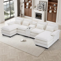 U Shaped Sectional Sofa 133" Modular Fluffy Chenille Double Chaise Lounge Central Console USB Port Living Room White Customized