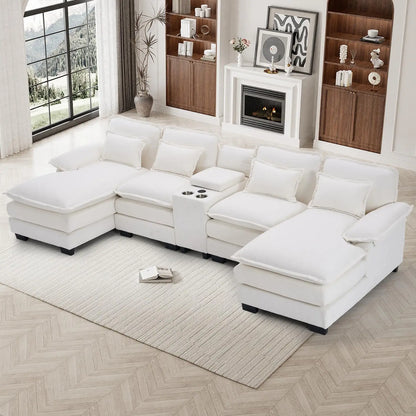 U Shaped Sectional Sofa 133" Modular Fluffy Chenille Double Chaise Lounge Central Console USB Port Living Room White Customized