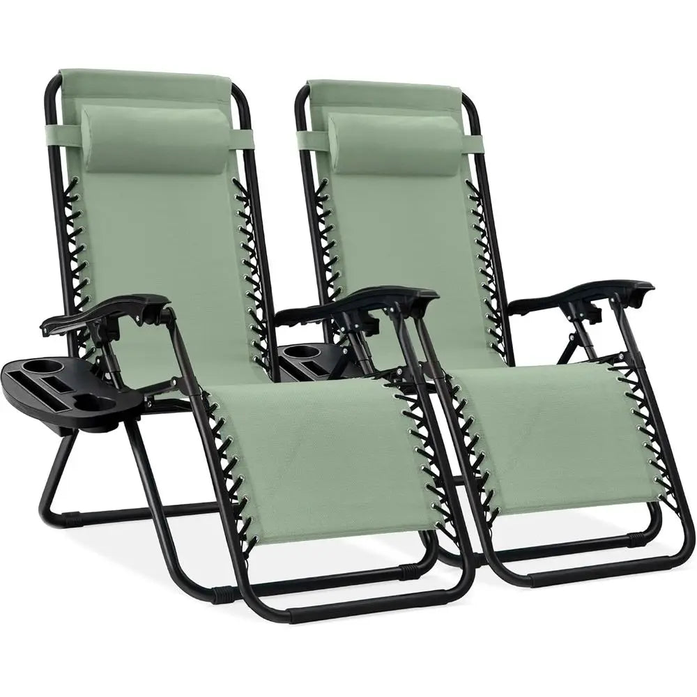Adjustable Steel Mesh Zero Gravity Lounge Chair Recliners with Pillows and Cup Holder Trays - Sage Green
