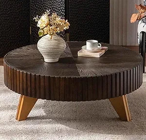 Round Coffee Table, Modern Black Side Table End Table for Living Room, Wood Circle Drum Coffee Table with Handcrafted Relief, Co