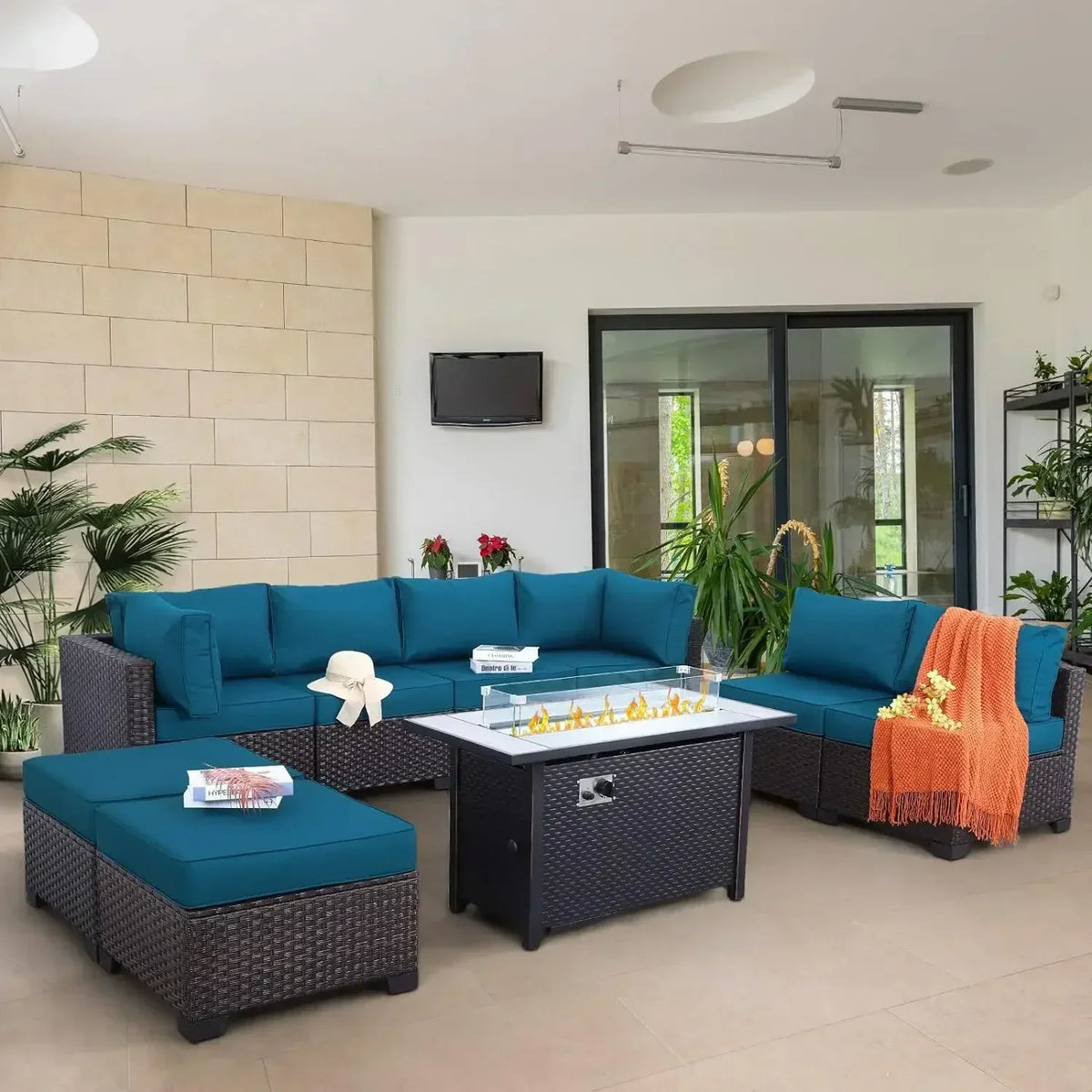 /-Patio Furniture 9 Piec Set with Cushions and 45” Gas fire Pit Table, Outdoor PE Rattan Sectional Conversation Sofa Set