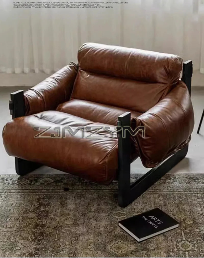 Oil Wax Leather Single Chair Casual Home Sofa Lounge Chairs, Retro Removable Washable Sofa All Solid Metal Base