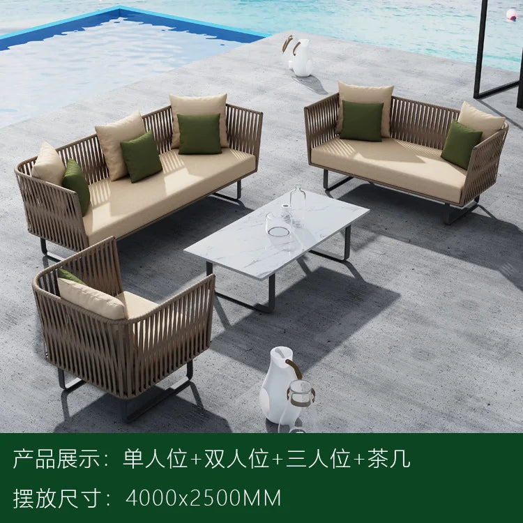 Outdoor Sofa Sunscreen Waterproof Courtyard Terrace Balcony Leisure Rattan Chair Sofa Double Card Seat Rattan Sofa Furniture