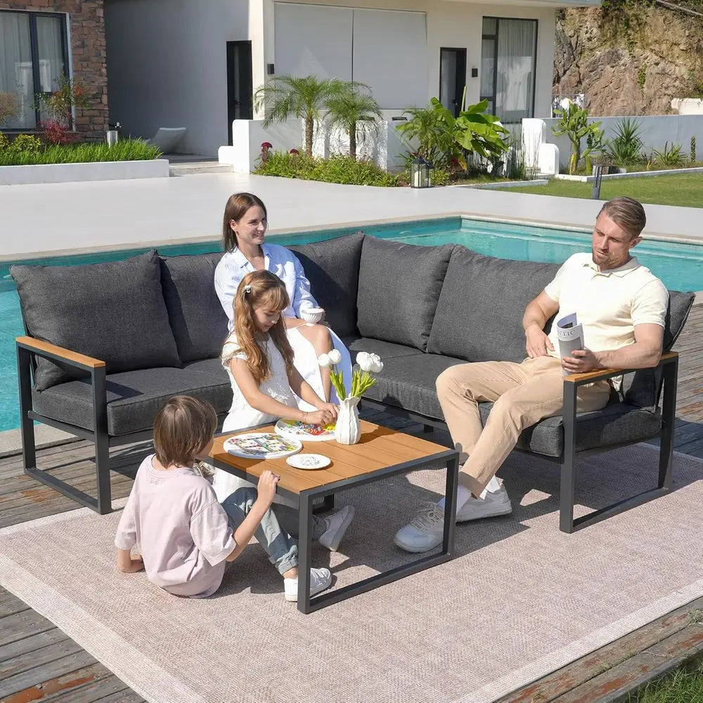6-Piece Outdoor Sectional Sofa Set with Side Table, L-Shaped Patio Furniture, Grey