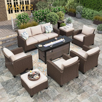 PatioLix Patio Furniture Set with Fire Pit Table, 8 Pieces Outdoor Wicker Conversation Set