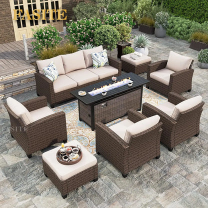 PatioLix Patio Furniture Set with Fire Pit Table, 8 Pieces Outdoor Wicker Conversation Set
