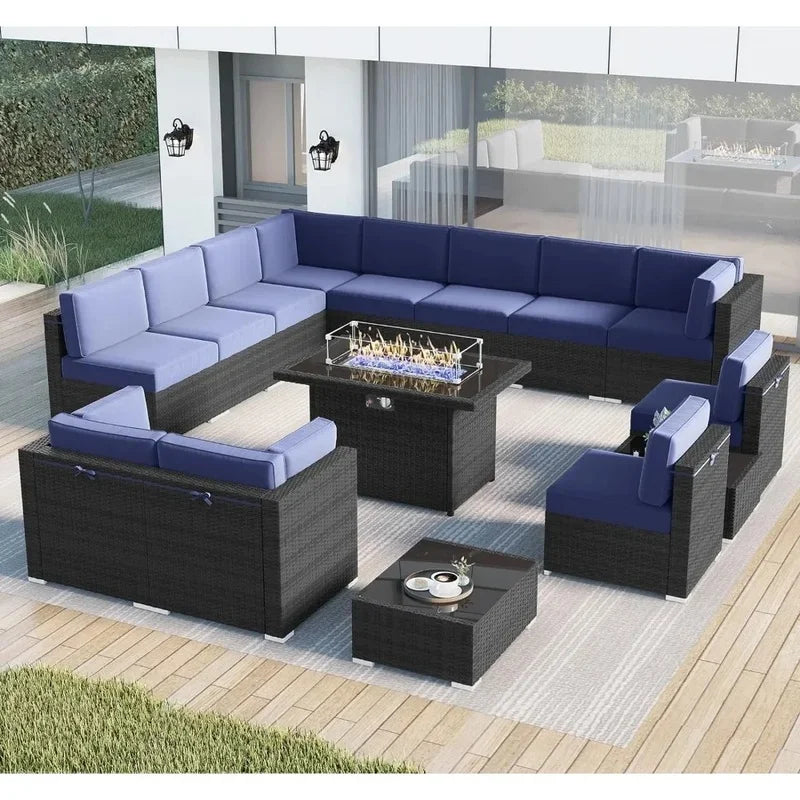 15-Piece Outdoor Wicker Rattan Sectional Sofa Set with Fire Pit Table and Coffee Table