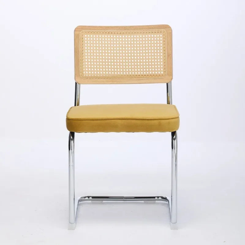 mid Century Modern Dining Chairs Set of 2 Velvet Accent Chairs Natural Cane Back Stainless Chrome Base Breuer De Famous Design