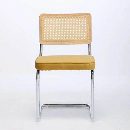 mid Century Modern Dining Chairs Set of 2 Velvet Accent Chairs Natural Cane Back Stainless Chrome Base Breuer De Famous Design