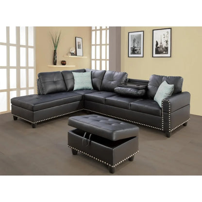 modern 4-seaters living room furniture sets with chaise lounge, ottoman & 2 pillows | l shape couch