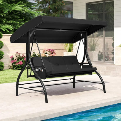 3 Person Porch Swing 2in1 Convertible Outdoor Swing with Adjustable Canopy Removable Cushions Metal Frame Side Pockets for Bac