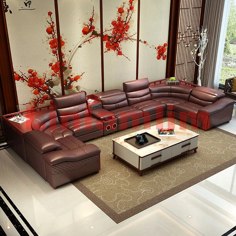 MANBAS Italian Cow Genuine Leather Couch Set Big Sofas Modernos Para Sala with Speaker, Bluetooth Audio, USB Charging,Storage