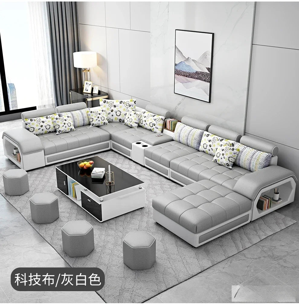 Fabric Sofa Set Furniture Living Room with USB and Stools / Big U Shape Cloth Couch for Home Furniture