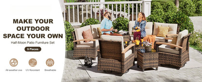 Multi-piece Outdoor Patio Furniture Sets, Half Moon Curving Part of The Sofa Rattan Patio Conversation Sets