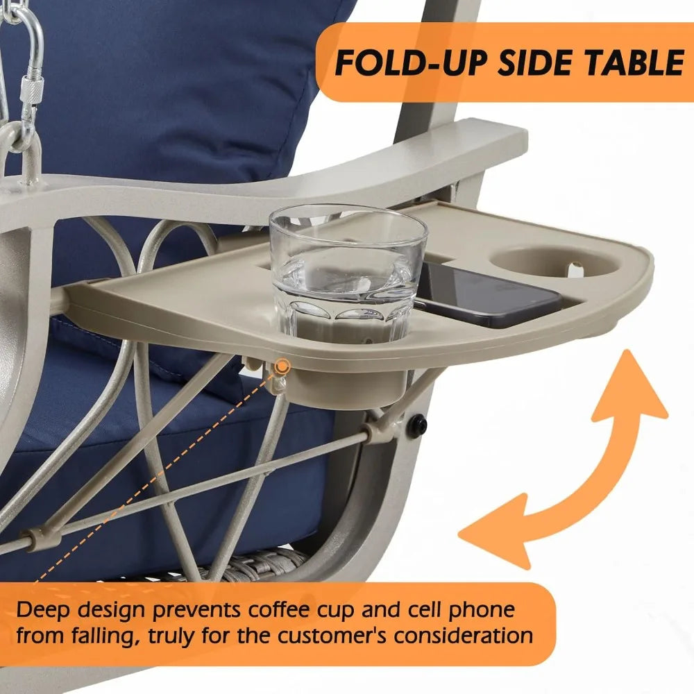 3-Person Heavy Duty Porch Swing Chair Outdoor Wicker Lounge with Cup Holder and Steel Chains, 900 LB Capacity