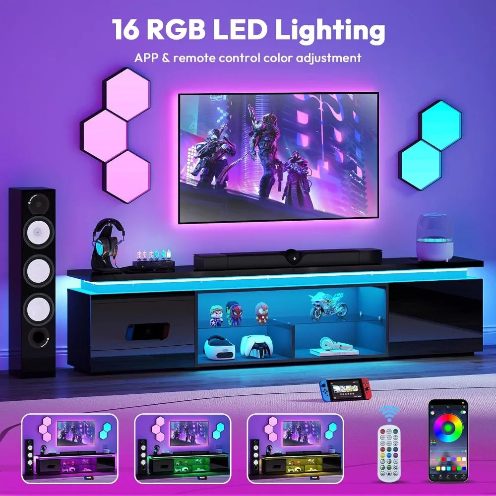 100 Inch TV-Stand - TV Stand for 90 95 100 Inch Televisions- Entertainment Center with Dynamic LED Lights & High Gloss