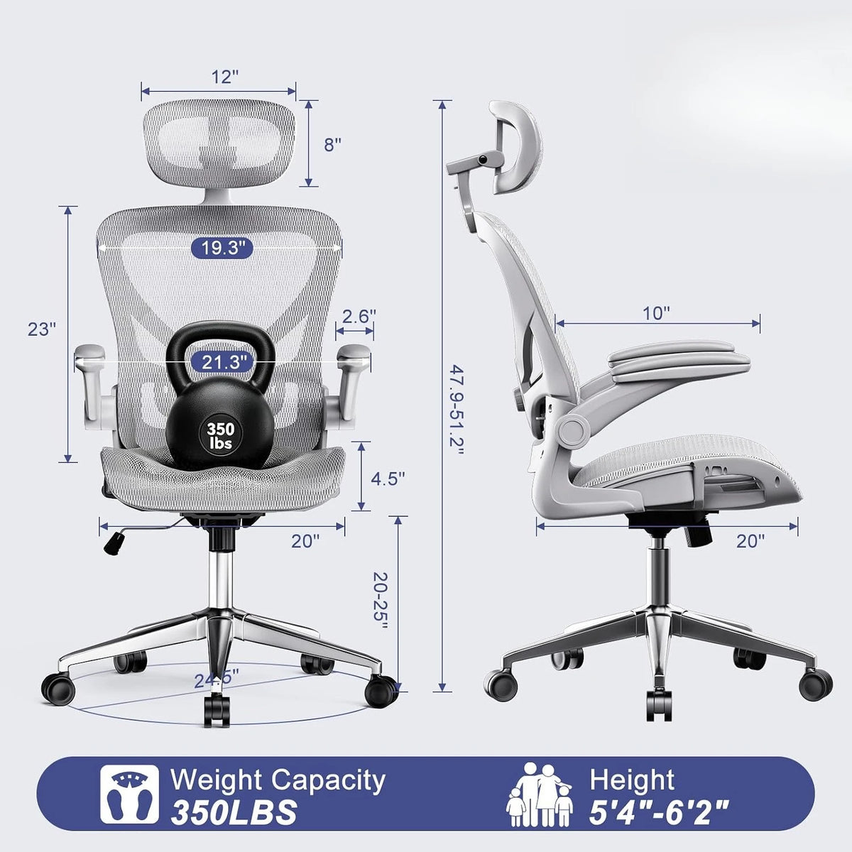 Ergonomic Mesh Office Chair, Flip Arms, Adjustable Headrest Lumbar & 90-120° Rocking Function, Customized