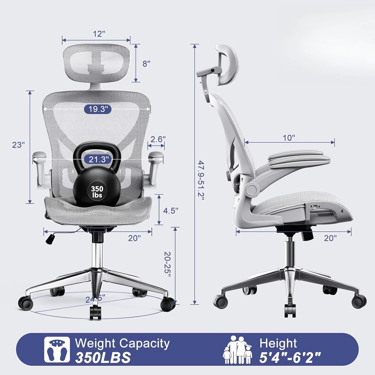 Ergonomic Mesh Office Chair, Flip Arms, Adjustable Headrest Lumbar & 90-120° Rocking Function, Customized