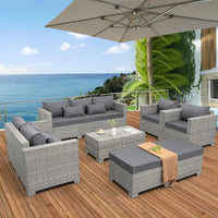 Patio Furniture Set Gray Rattan 7 Pieces Outdoor Sectional Sofa PE Wicker Conversation Chairs with Storage Table and Non-