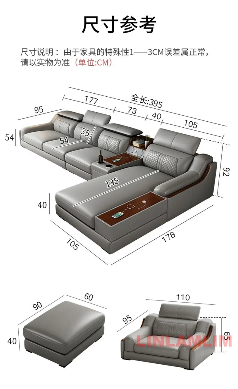 Modern U-Shaped Sectional Sofa Set with Chaise Lounge, Genuine Leather Couch with Storage Table, USB – Big Living Room Furniture