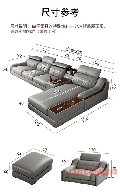Modern U-Shaped Sectional Sofa Set with Chaise Lounge, Genuine Leather Couch with Storage Table, USB – Big Living Room Furniture
