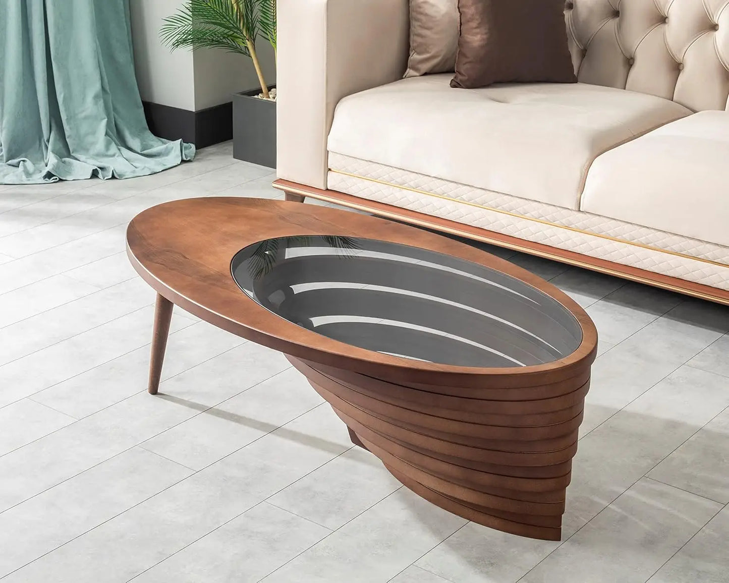 Table basse en bois en spirale avec plateau en verre, artisanale, moderne, pour salon, bureau, café, décoration, personnalisable