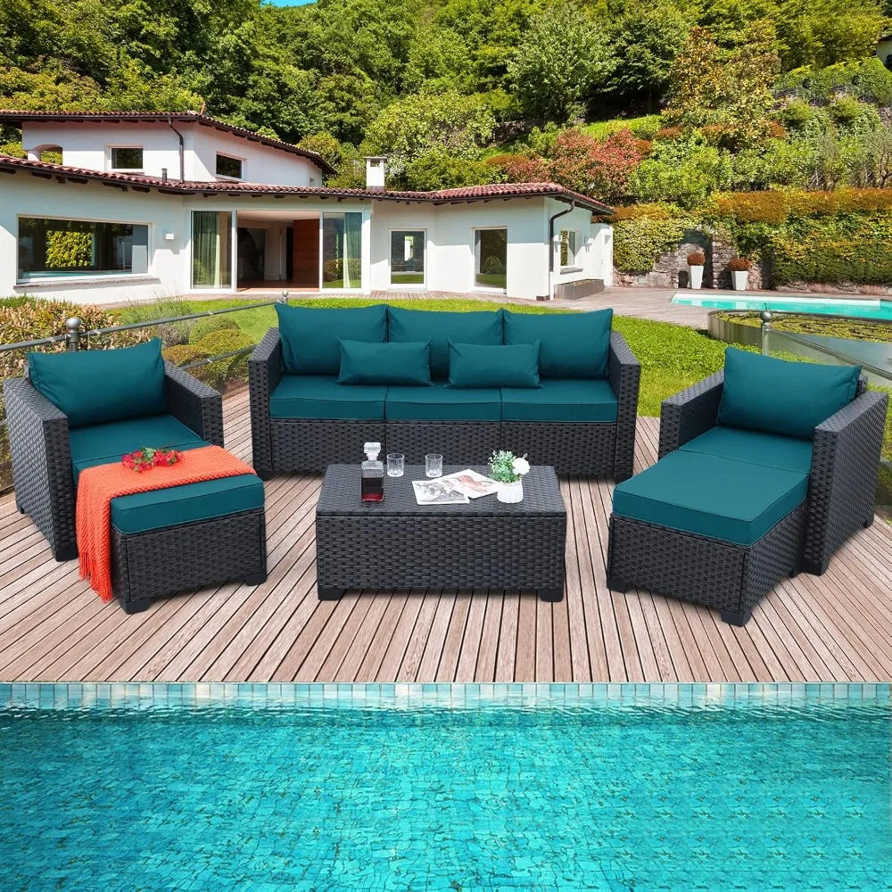PatioLix Furniture Set 6 Pieces Couch Outdoor Chairs Coffee Table Peacock Blue Anti-Slip