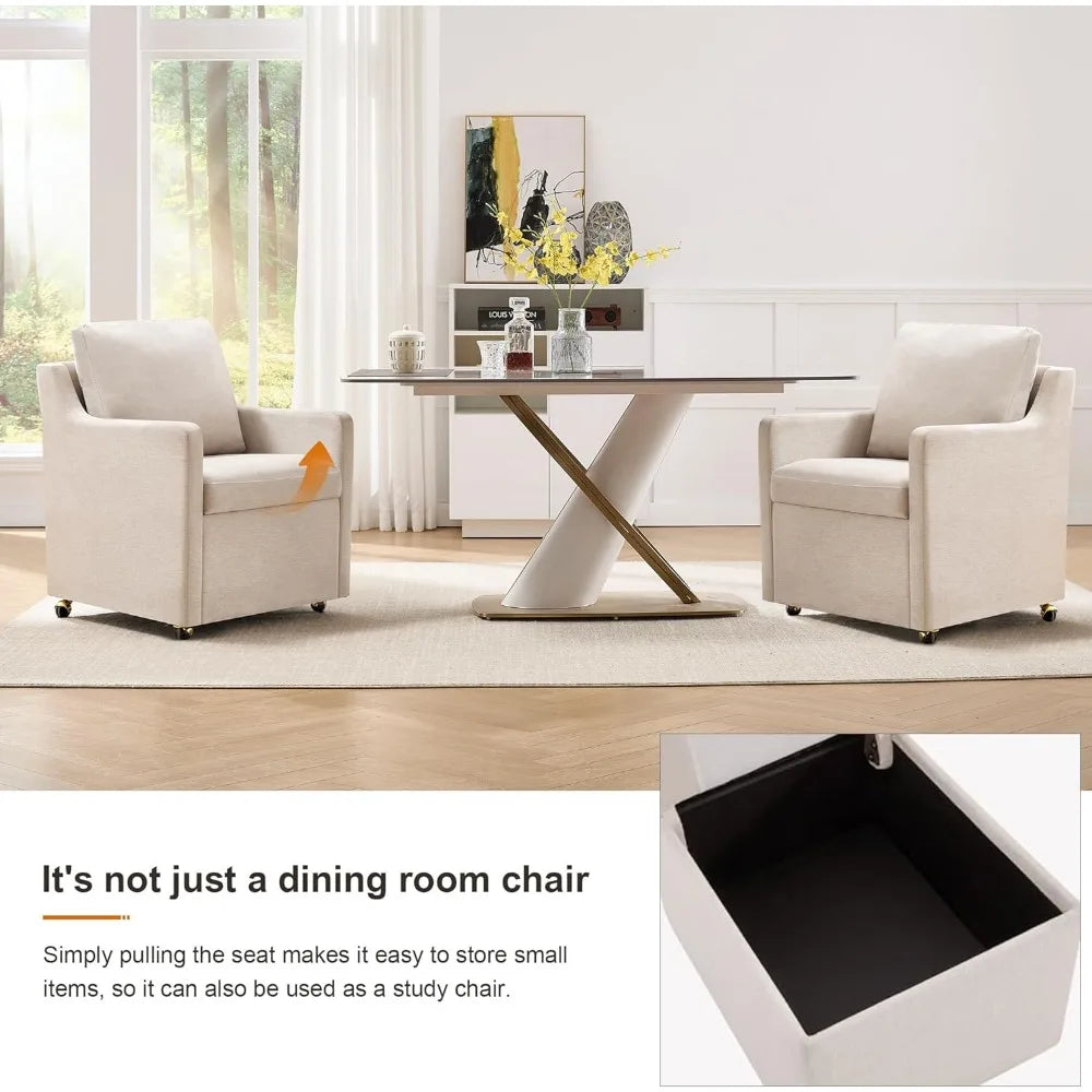 Modern Linen Dinging Chair with Casters.Upholstered Arm Chair for Relaxing.Storage Chair Design,Set of 1