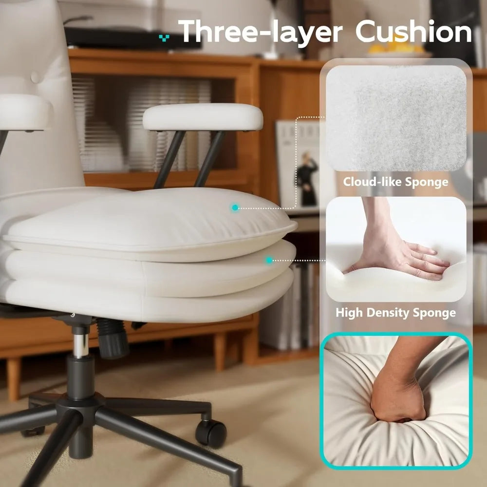 White Leather Office Chair with Wheels, Triple-Layers Thicken Wide Seat Height Adjustable, Mid Back, Comfy Desk Chair for Home,