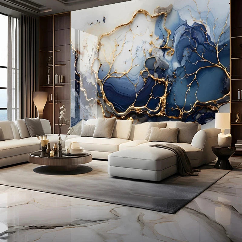Custom Large Size 3D Wallpaper Modern Mable Golden Blue Wall Paper for Living Room TV Background Mural Canvas Home Decoration