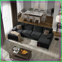 U-Shaped Sectional Sofa, Convertible Modular Couch with Double Chaise, 4-Seater Living Room Furniture, Black