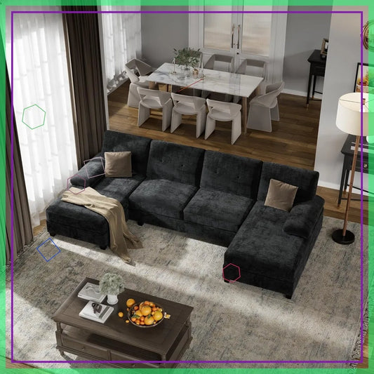U-Shaped Sectional Sofa, Convertible Modular Couch with Double Chaise, 4-Seater Living Room Furniture, Black